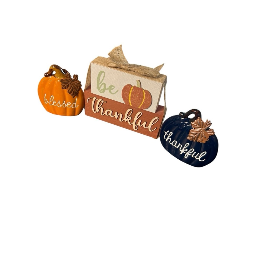 Fall Decor Set Wood "Be Thankful" Sign w/ Ceramic Pumpkin Accents